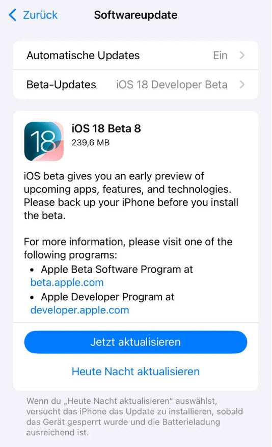 通许苹果手机维修分享苹果 iOS / iPadOS 18 开发者预览版 Beta 8 发布 